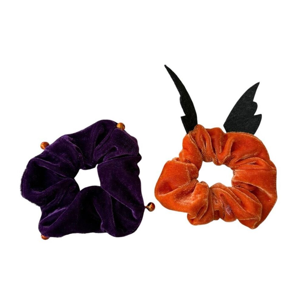 Halloween Velvet Scrunchie Set – Purple Jingle Bell & Orange Bat Hair Ties
